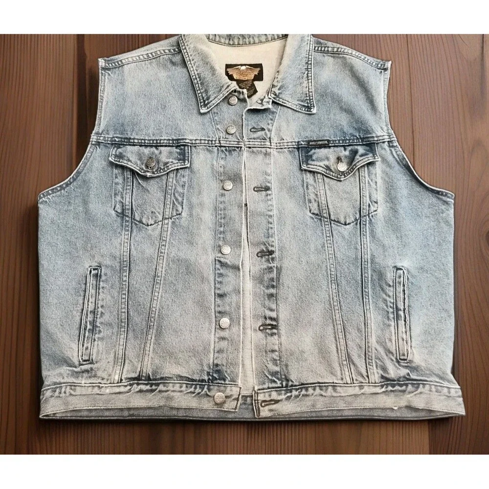 Vintage Harley Davidson Blue Jean Denim Vest Jacket Embroidered Logo Back XL